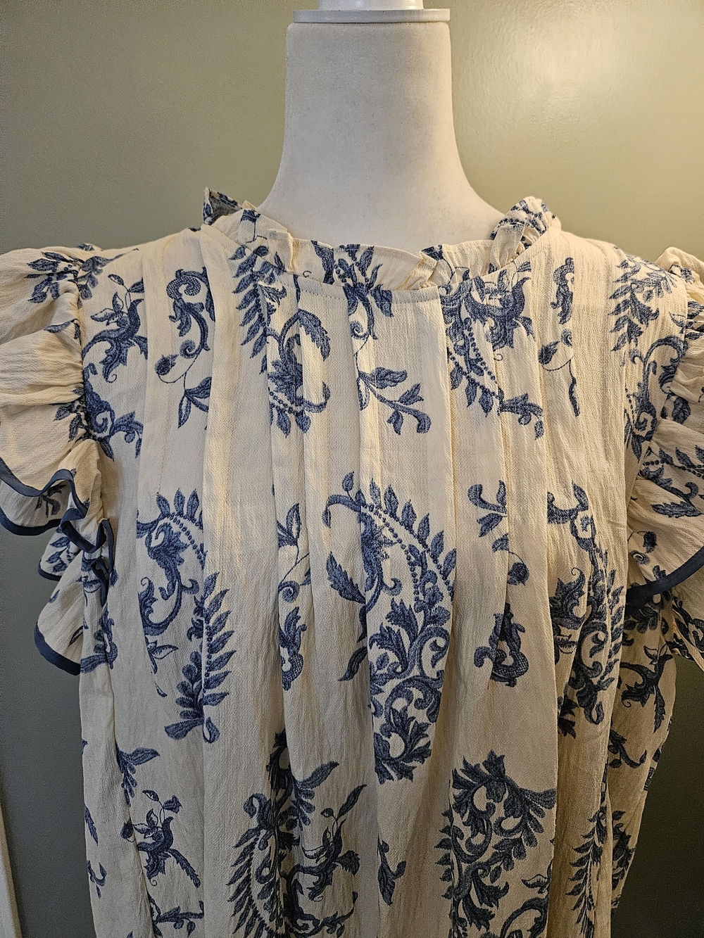 Umgee Blue and Cream Floral Ruffle Accent Dress Women's Size 2XL New - Picture 2 of 11